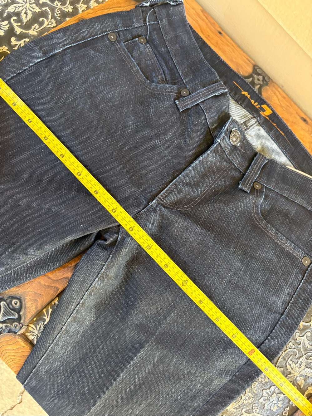 7 For All Mankind Dark Blue Straight-Leg Jeans with Pocket Rhinestone Detail - Picture 6 of 9